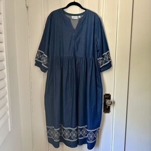 National Blue Denim Embroidered Dress Petite XL Cotton‎ Pockets Casual Style